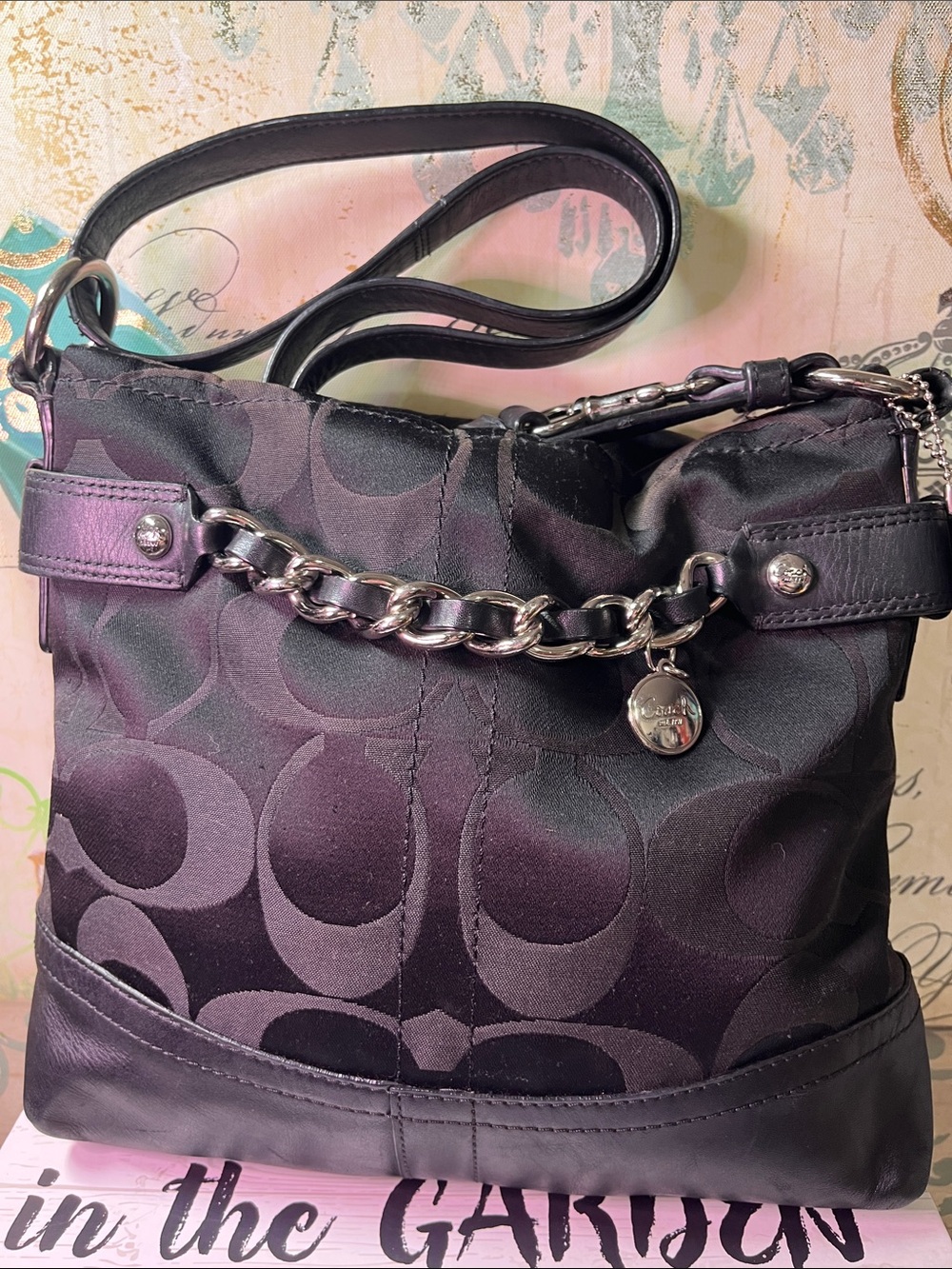 Coach Black Signature Chain-Accent Shoulder Bag